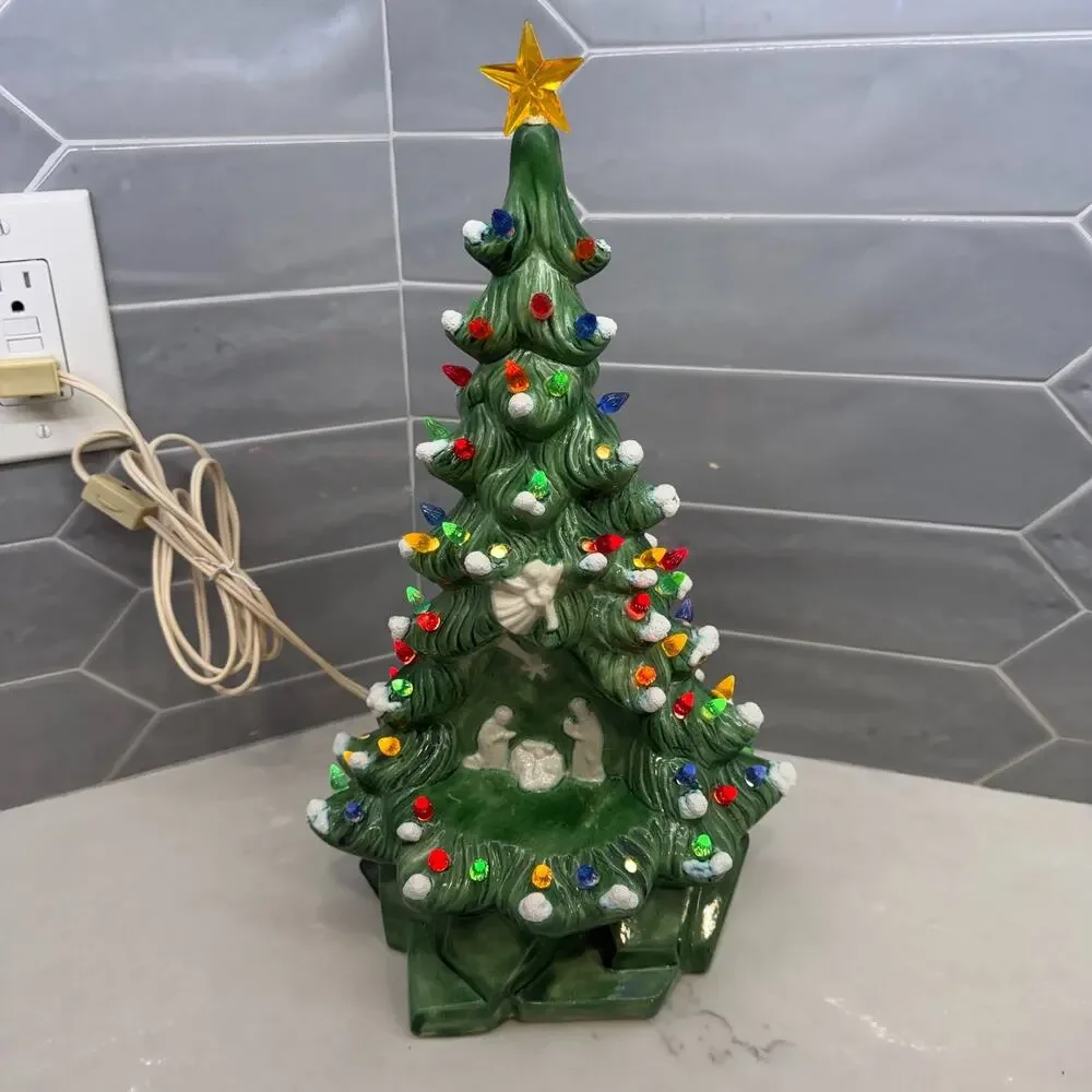 Vintage Ceramic Christmas Tree Lighted WORKS Nativity Snow Flocked Scarlatella